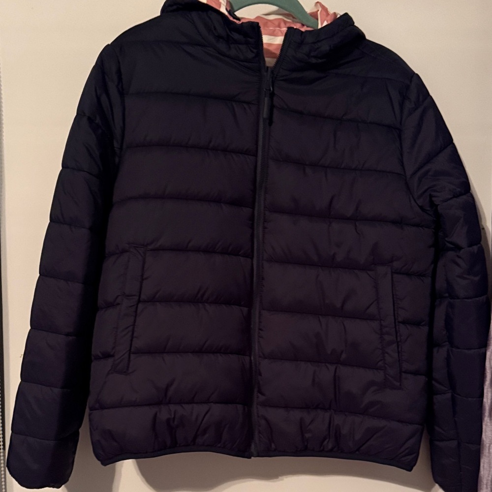 Batela water resistant reversible jacket, navy blue, pink and off white.